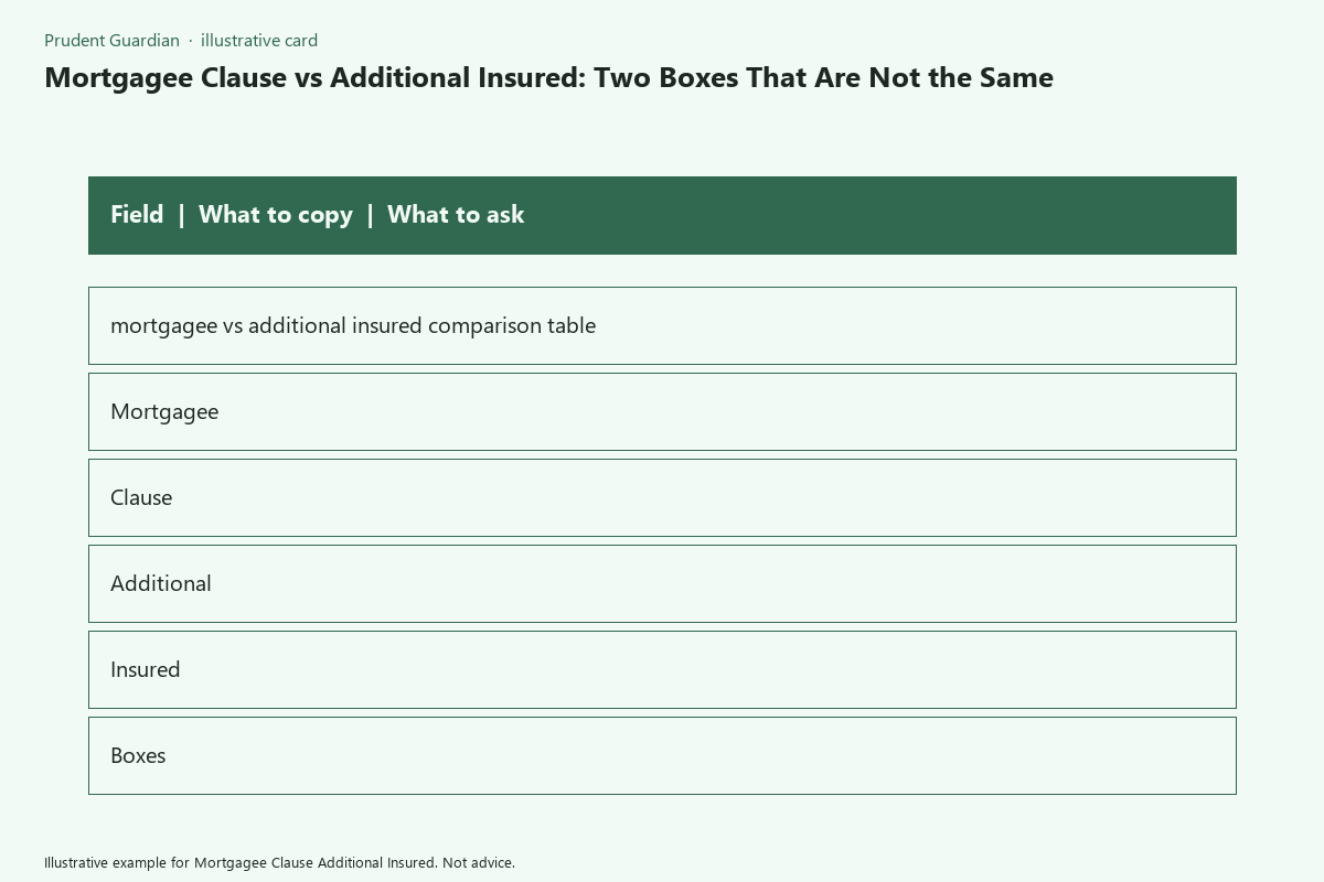 Illustrative field card for Mortgagee Clause Additional Insured