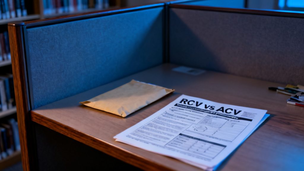 RCV vs ACV policy page on a porch ledge