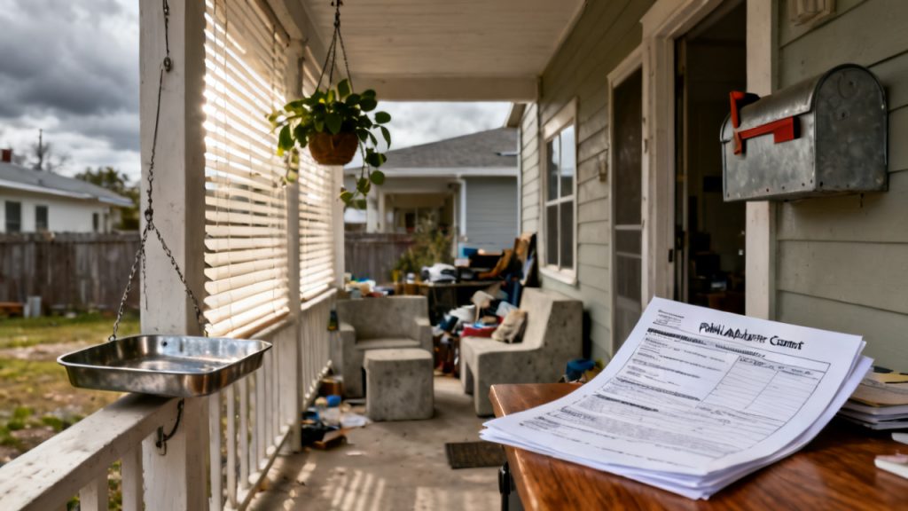 Public Adjuster Contract scene at a laundry folding table
