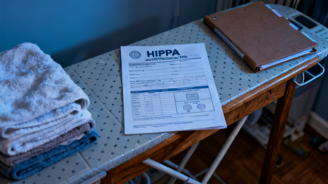 HIPAA authorization copy waiting on a linoleum side table