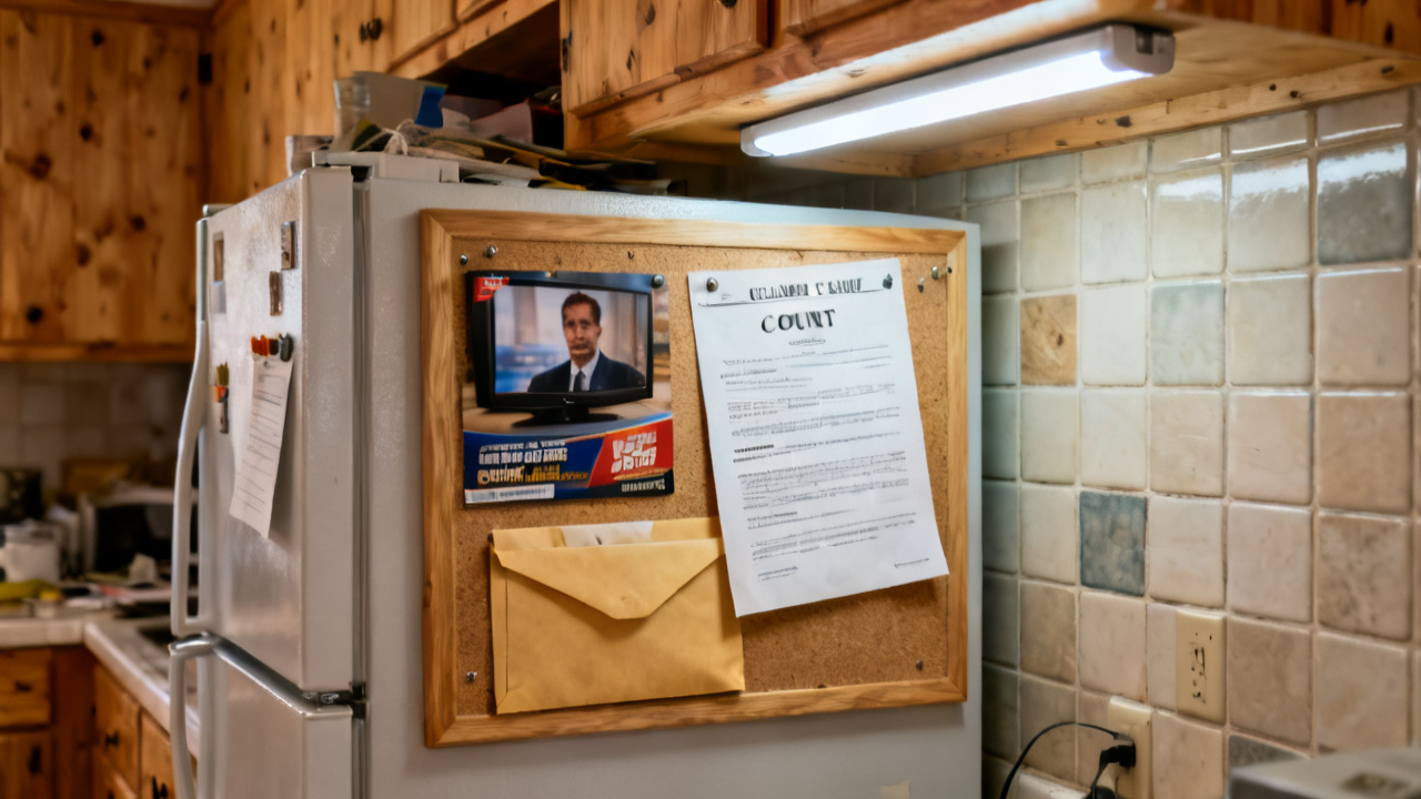 Household linoleum side table with TV ad vs court notice