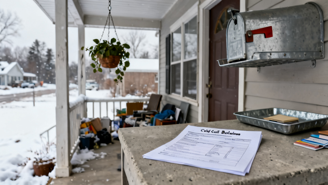 cold-call decline letter waiting on a linoleum side table