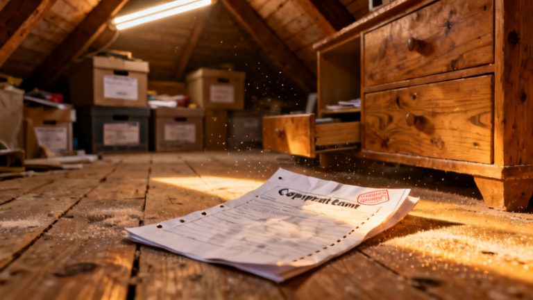 file-stamped complaint copy on a attic plywood