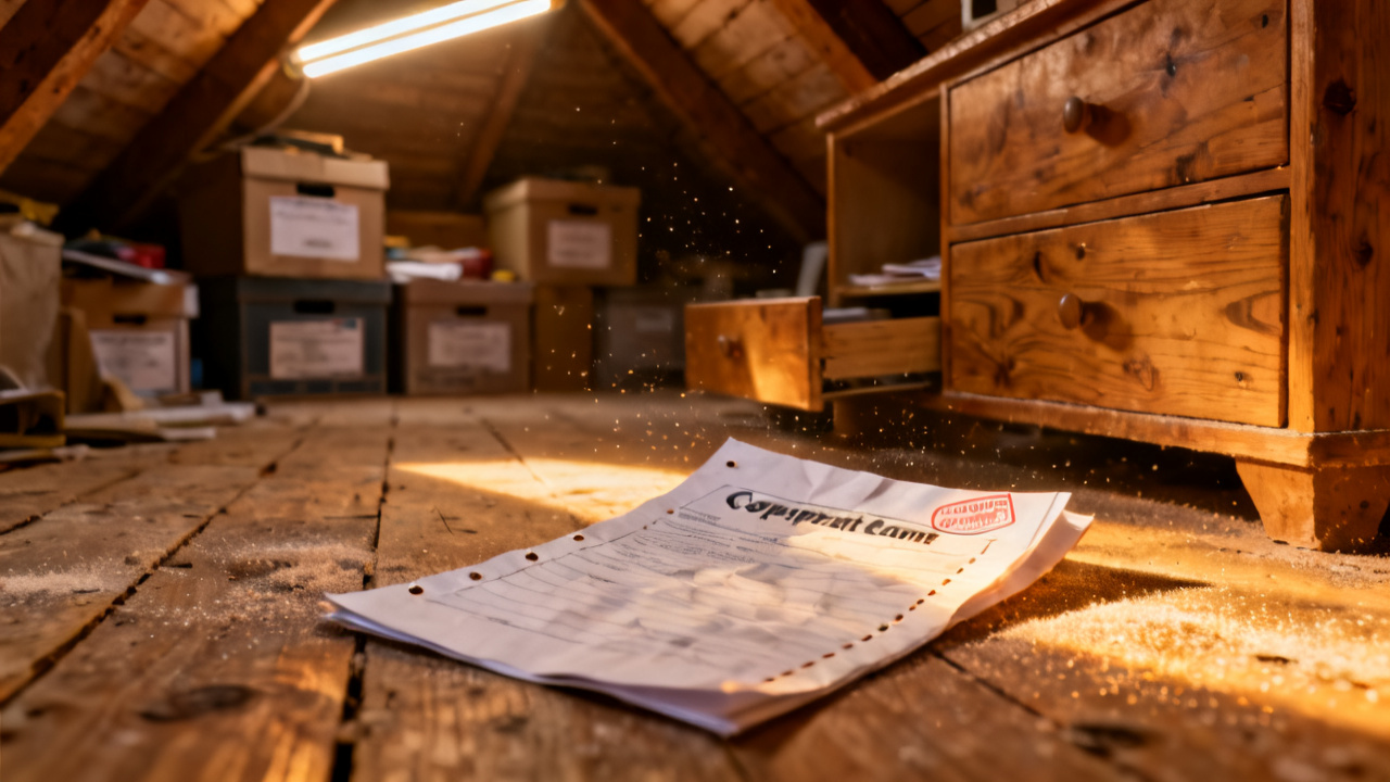 file-stamped complaint copy on a attic plywood