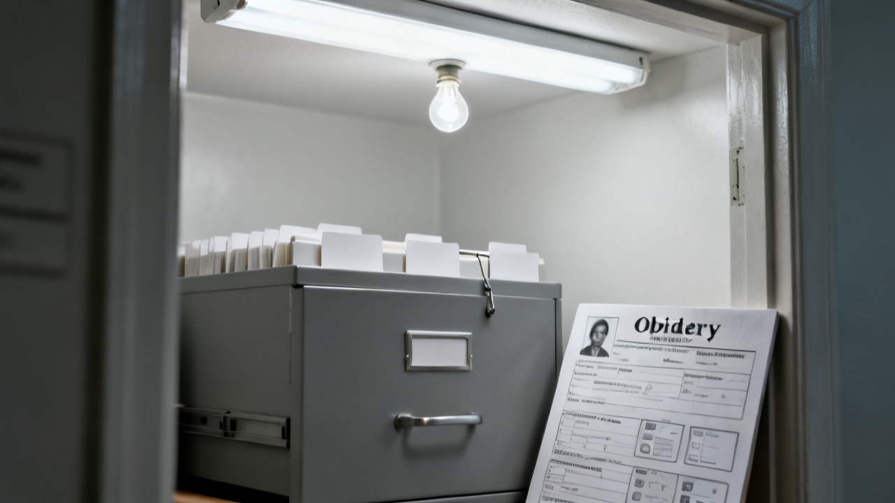 obituary vs vital record beside a banker's box