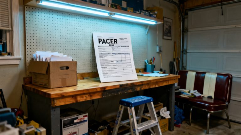 PACER docket print on a closet floor