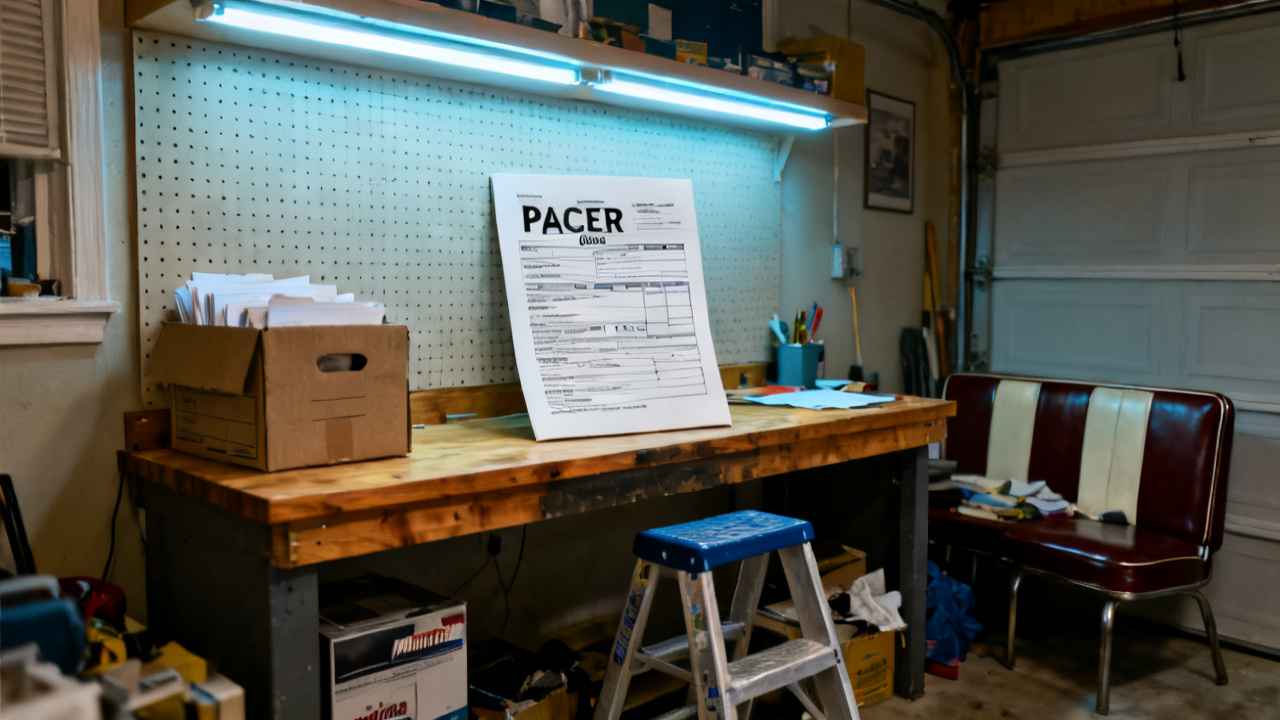 PACER docket print on a closet floor
