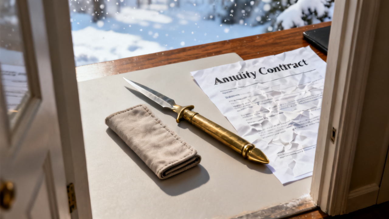 Crop of annuity free-look packet on basement shelf