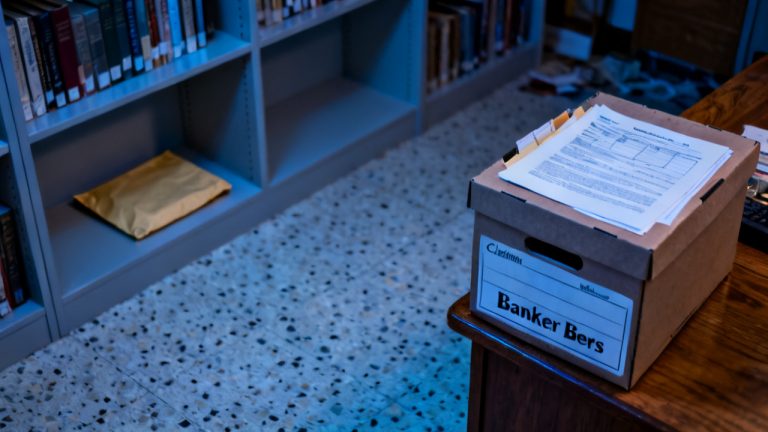 Household copy-shop counter with labeled banker's box
