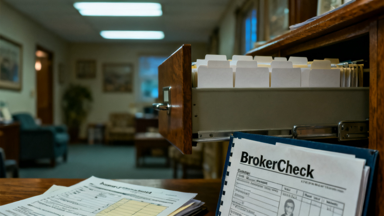 BrokerCheck printout folder beside a annuity sleeve